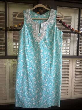 Lilly Pulitzer Turquoise Dress with White Lace Trim and Fun Pelican Print